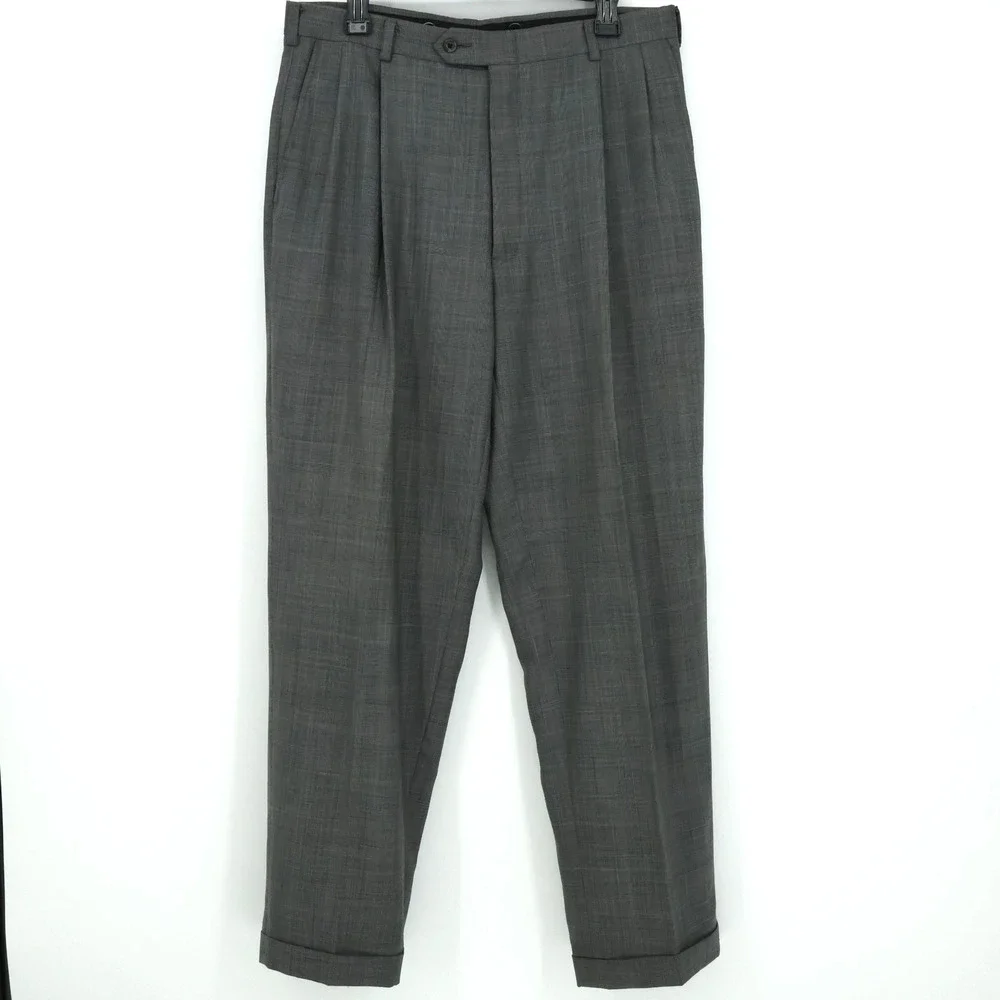 Hart Schaffner Marx Suit Mens 41R Gray Plaid Wool Pleated Cuffed Pants Vintage